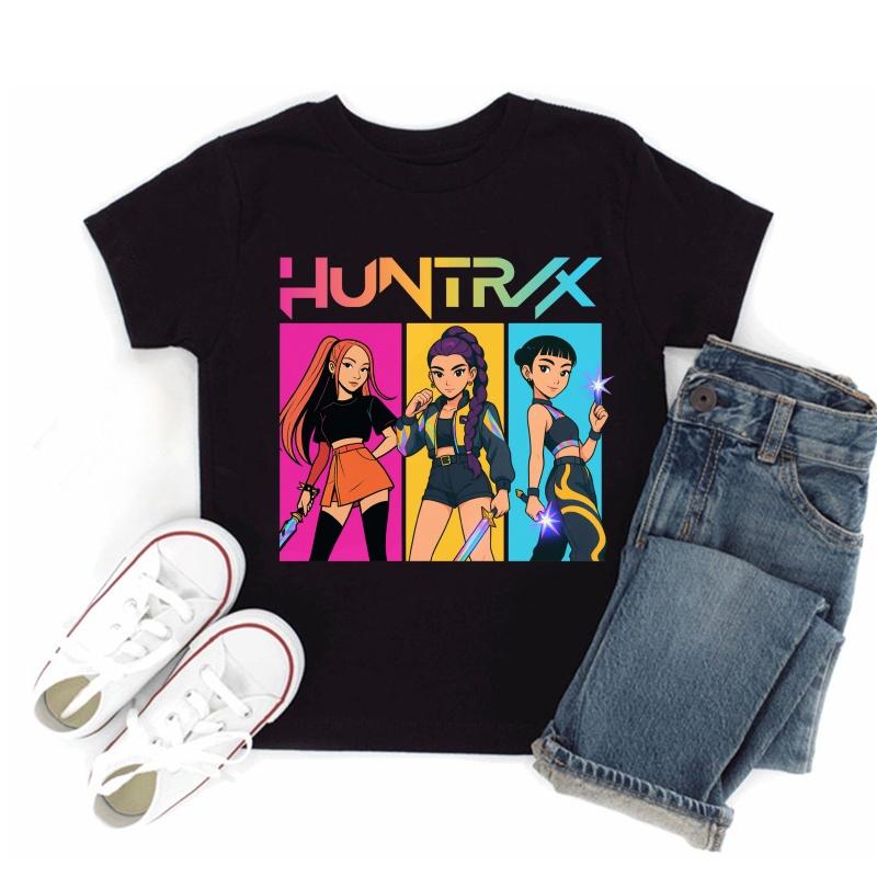 Hot Sale Kpop Demon Hunters Print Fashion Kids T-shirt Baby Boys Girls Clothes Summer Children Cotton Short Sleeve Black T shirt