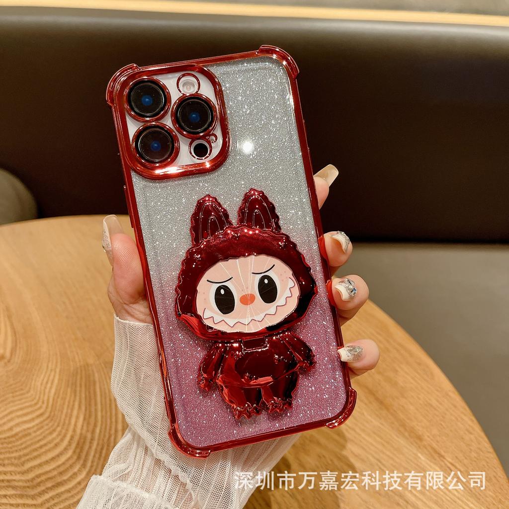 Four corners anti-drop cartoon rabub suitable for iPhone16 mobile phone case electroplated mirror bracket Apple 15promax