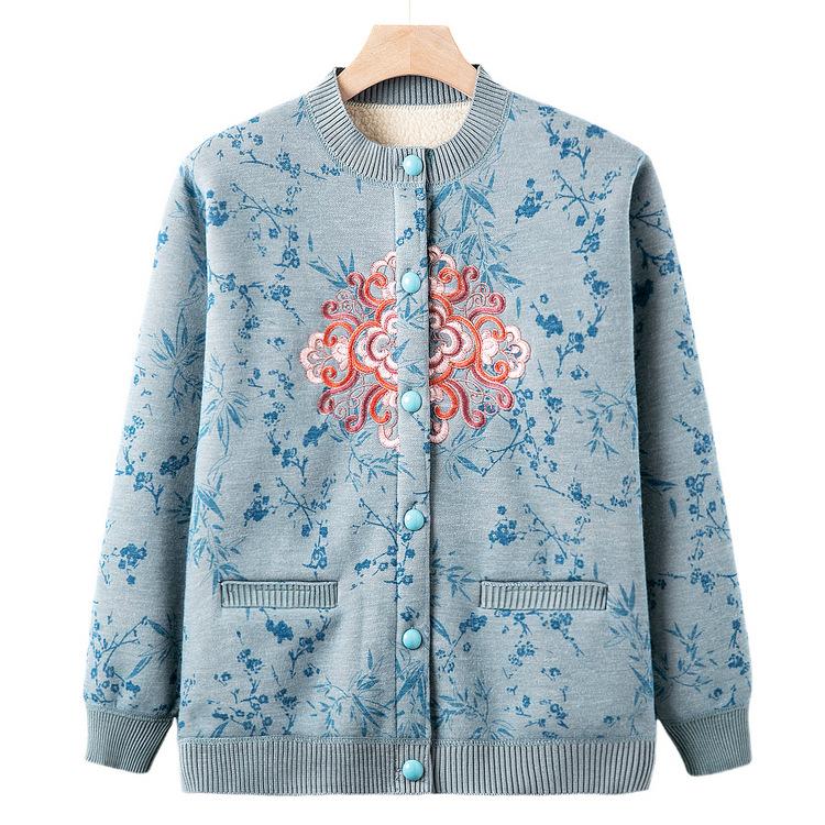 Seniors Winter Clothes Female Grandma Plus Velvet Coat Middle-aged and Elderly Mothers In Autumn and Winter Warm Cardigan Fashionable Old Lady Clothes