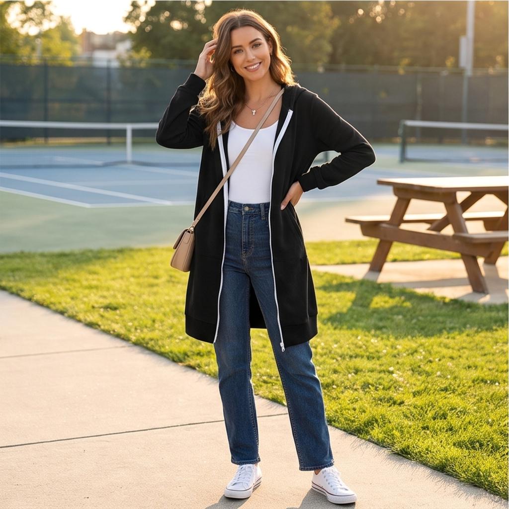 Women's Long Zip-Up Hoodie with Pockets, Casual Versatile Hooded Coat for Everyday Wear