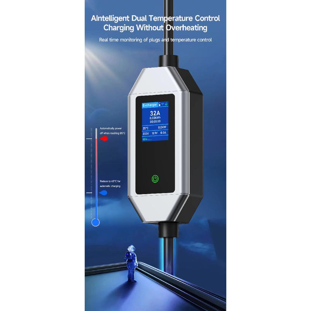Portable EV Charger 7KW Fast Charging Cable Type2 IEC62196-2 32A with CEE Plug Type1 J1772 WiFi APP Bluetooth Remote Control