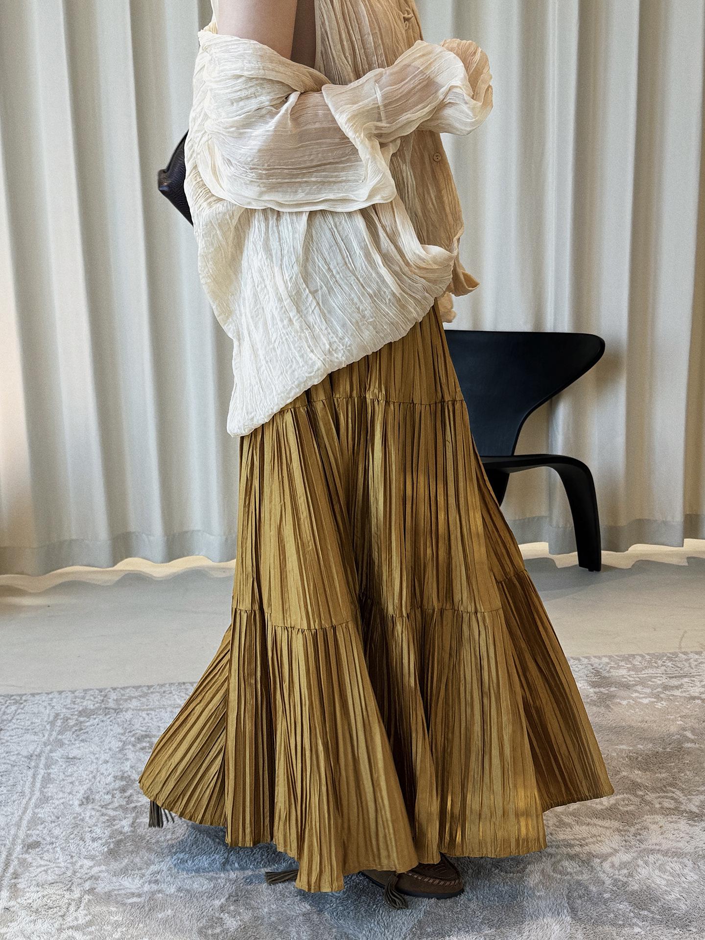 Xu Man Korean Retro High-Waisted Pleated Midi Skirt – Comfortable, Loose Silhouette for Women One Size жёлтый