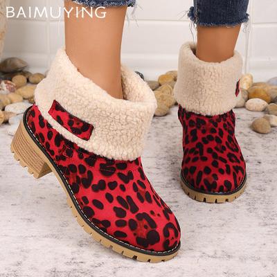 Leopard Fur Women Snow Ankle Boots Suede Mid Heels Designer Shoes Short Plush Chunky Cotton Botas 2024 Trend Winter Botas Mujer
