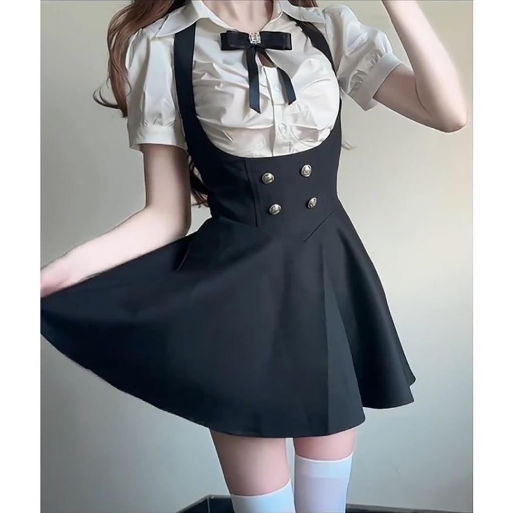 Uroczy zestaw składający się z i szelek Ten zestaw zawiera mini szorty a Mori Girl i wysoki stan dla eleganckiego [LAVASEON] Produkowana masowo, 2-częściowa sukienka,