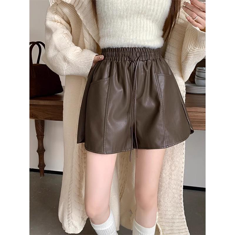 Women's High-Waisted PU Leather Shorts: Autumn 2024 A-Line Wide-Leg Elastic Boot Pants.