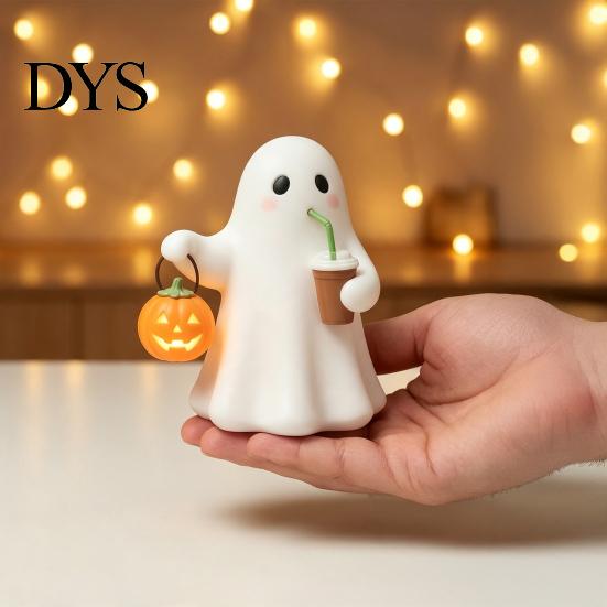 Collectible Ghost Toy Cute Halloween Figurine with Light Up Pumpkin, Resin Night Home Living Room Accents Tabletop Decor, Funny Desktop Ornament