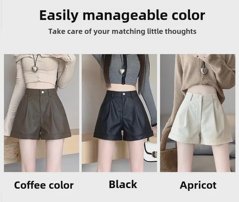 Dámské šortky z PU kůže s vysokým pasem - Slim, volný střih, široké nohavice, ležérní na jaro, podzim, zimu, americký styl.