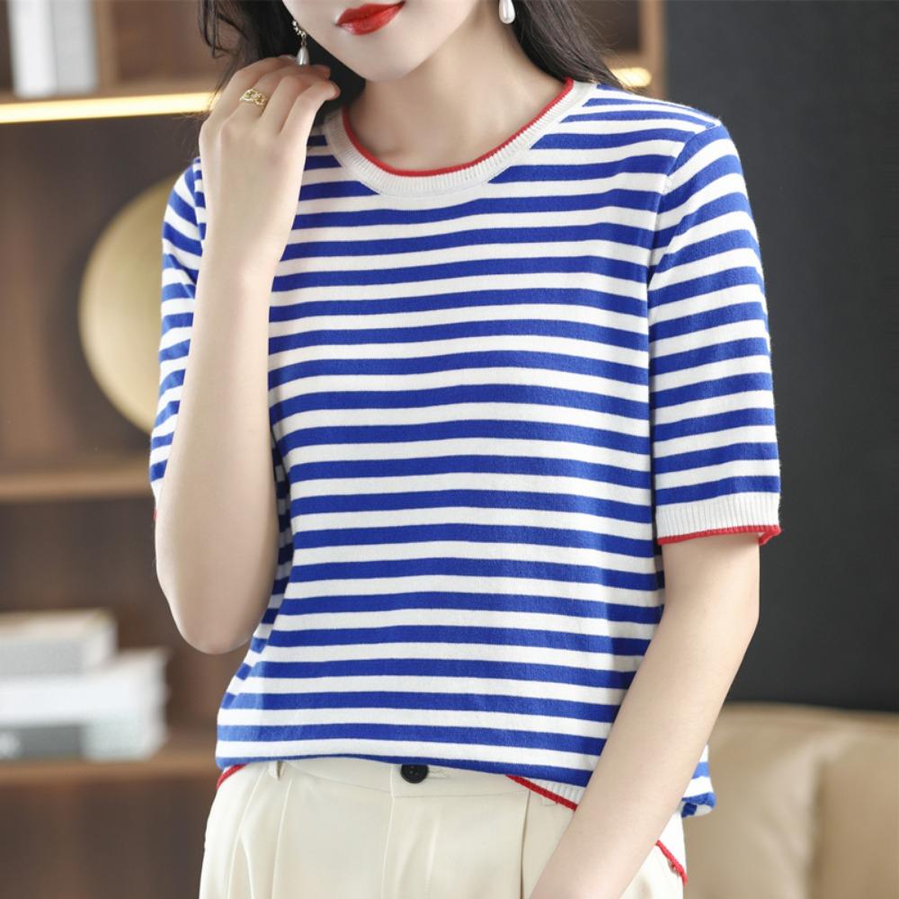 Summer New Knitted Short-Sleeved Women's Round Neck Color Matching Printed T-Shirt Loose Plus Size Half Sleeve Top