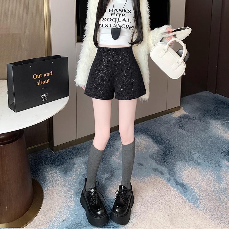 Black Woolen High Waist Women's Booty Shorts - Autumn Winter 2024 Korean Style Slim Fit Straight-Leg Shorts