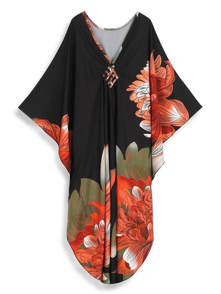 Plus Size Women Kaftan House Robe Bohemian Printing V Neck Homewear Beach Wear Bathing Suit Cover Up