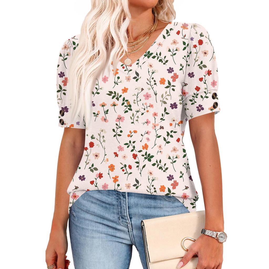 Womens Tops Short Sleeve Shirts Buttons V Neck  Fashion Outfits  Blouses  Casual