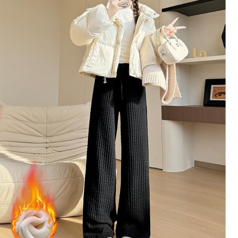 White Cotton Wide-leg Pants for Women In Autumn and Winter New Loose Straight Plus Velvet Sweatpants for Laziness Style Sports Wide-leg Pants