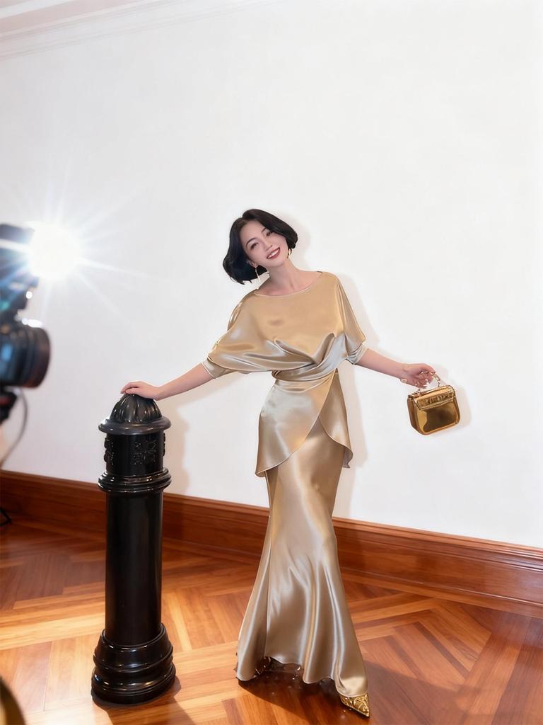 Elegant Champagne Acetate Suit for Women: Satin Top & Fishtail Skirt Set (Spring/Autumn)