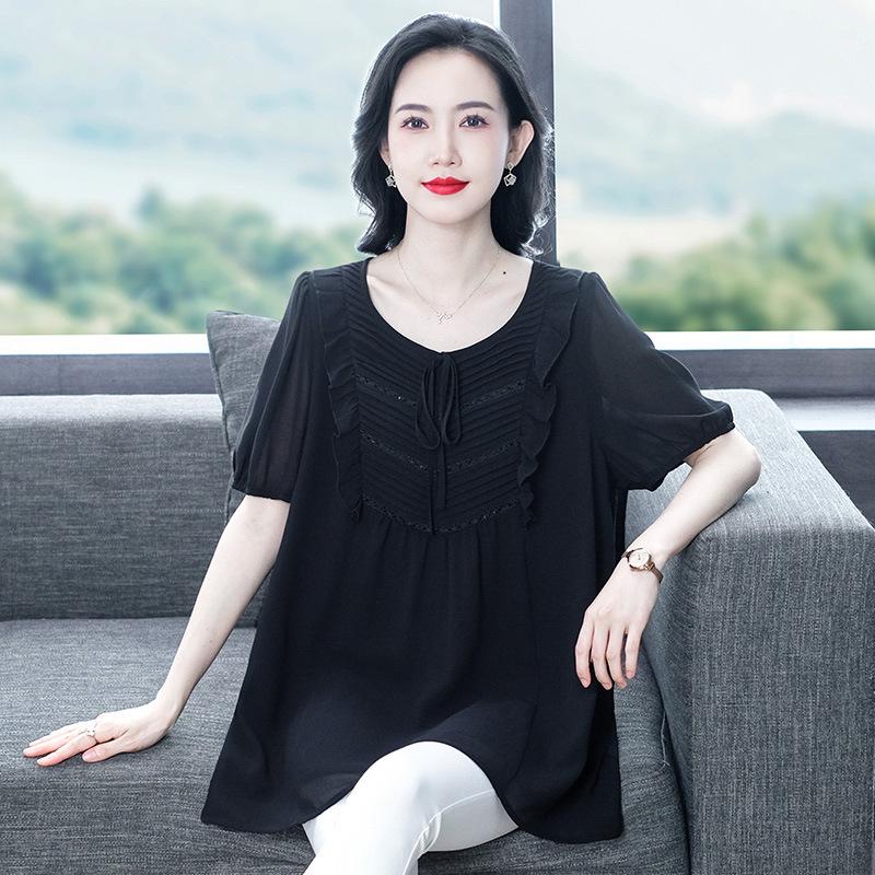 Summer Short Sleeve Pleated Chiffon Shirt - Plus Size, Casual, Loose Fit Women's Apparel