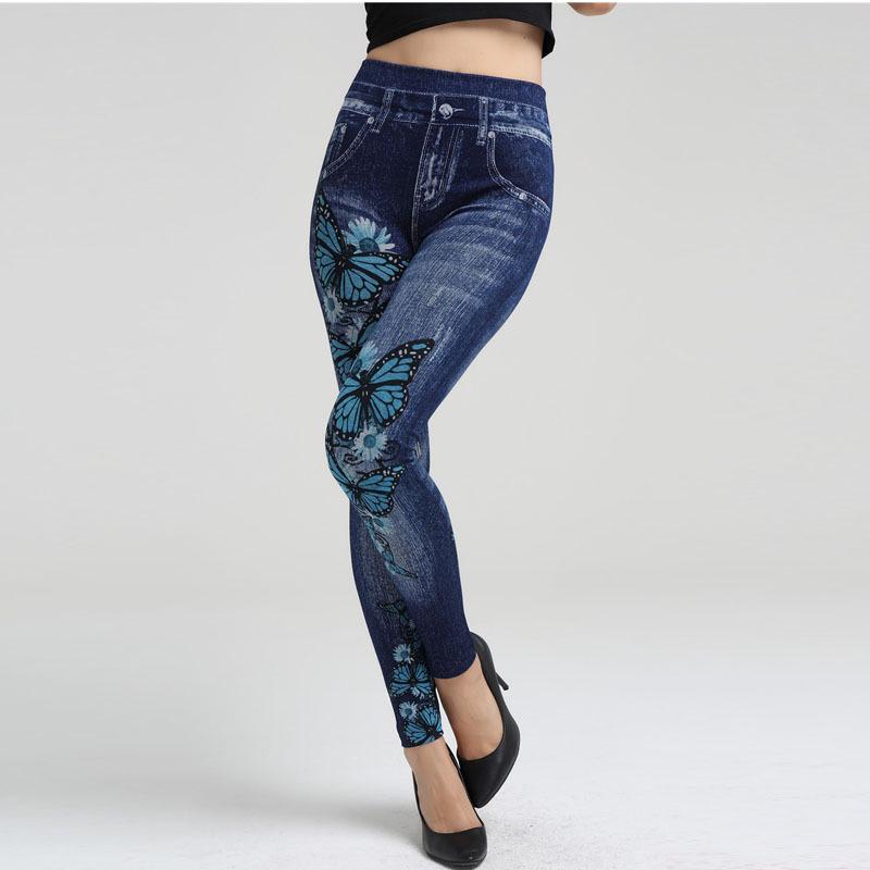 Blue Butterfly Faux Denim Quick-Dry Knit Leggings, Breathable & Hip-Lifting, Nine-Point Length