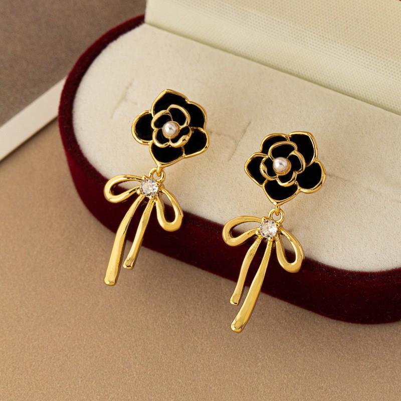 Vintage Floral Pearl Drop Earrings With Tassel Enamel Finish Women Sweet Chic Statement Jewelry Black