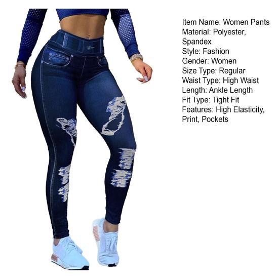 Women Pants High-Elastic Tight-Fit Fabric Imitation Jeans Leggings with Pockets Printing Ergonomic Tailoring Yoga Pants