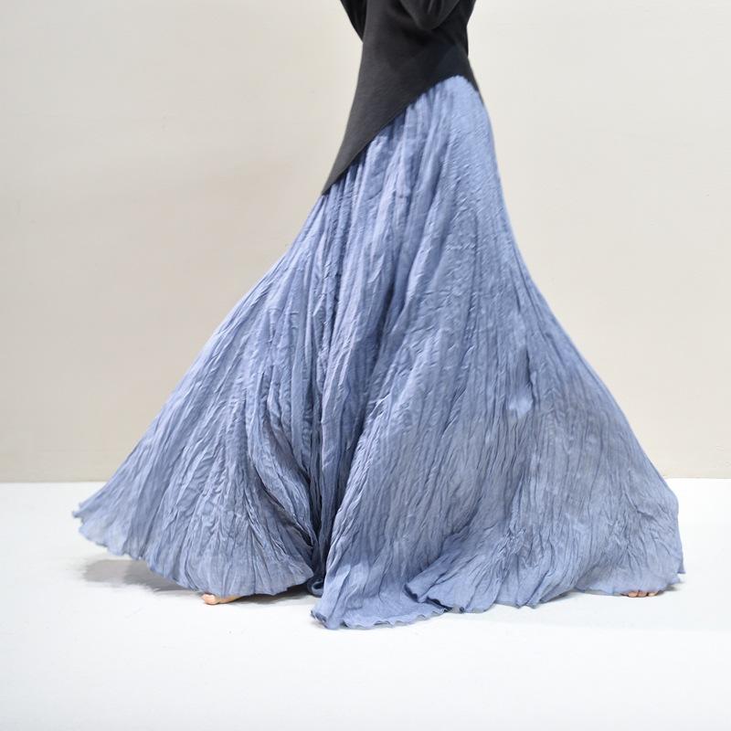 Women's Linen Maxi Skirts Summer Boho Solid Beach Elastic High Waist Pleated A-Line Flowy Swing Long Maxi Skirts Elastic Waist Long Skirt for Women