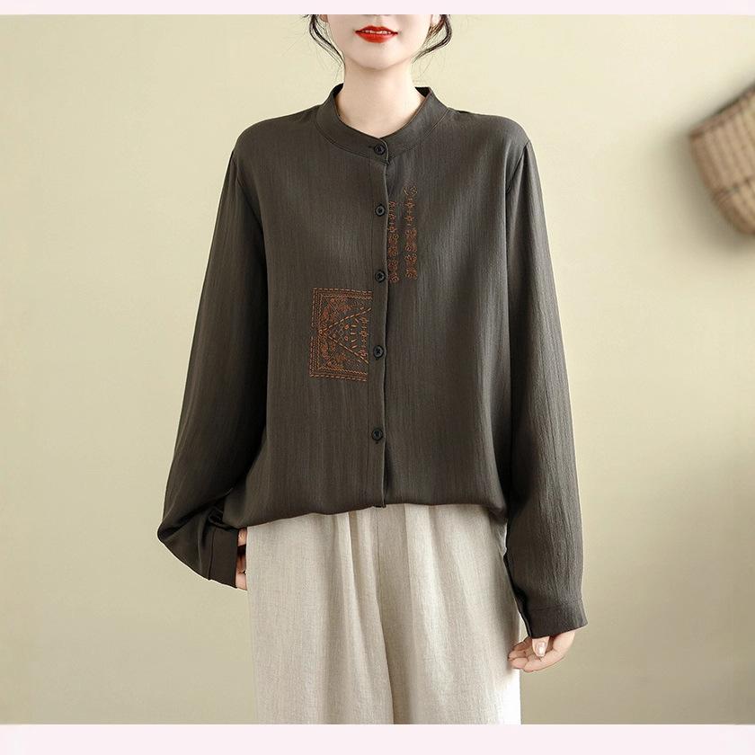 Cotton and Linen Large Size Retro Chinese Embroidered Long-sleeved Shirt Shirt Spring and Autumn Loose All-match Linen Blouse Women