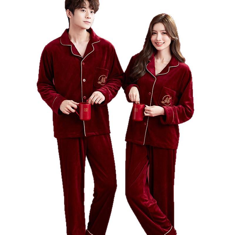Luxury Red Island Velvet Couple Pajamas - Thick, Warm Coral Fleece Set for Autumn/Winter Weddings and Anniversaries