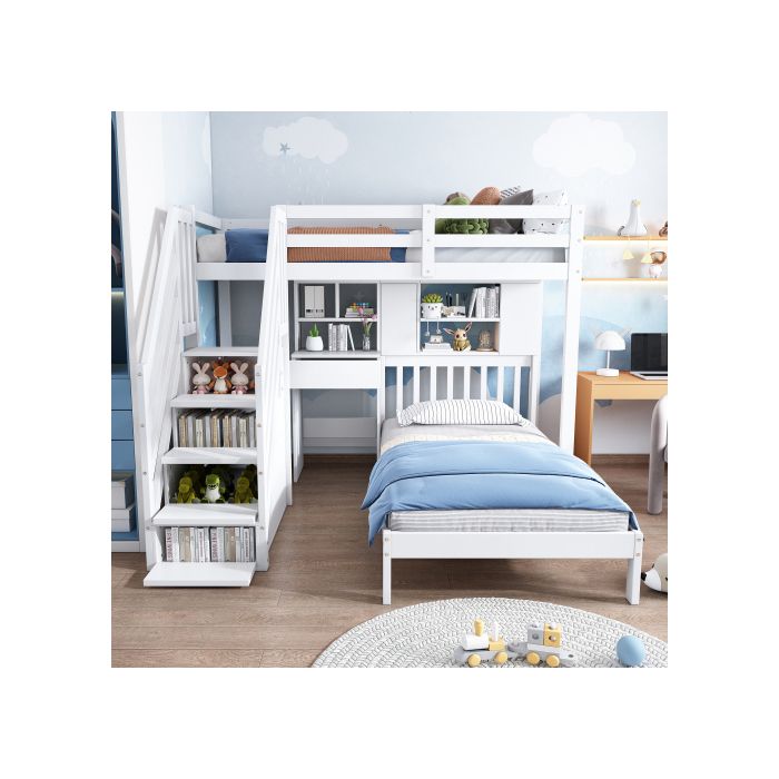 Pat de copil - MUVOE - 90x200 - Alb - Birou și etajeră integrate - 2 locuri