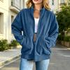 Women's Casual Loose Fit Long Sleeve Jacket Full Zip Up Ribbed Texture Lightweight Outerwear with Stand Collar and Pockets