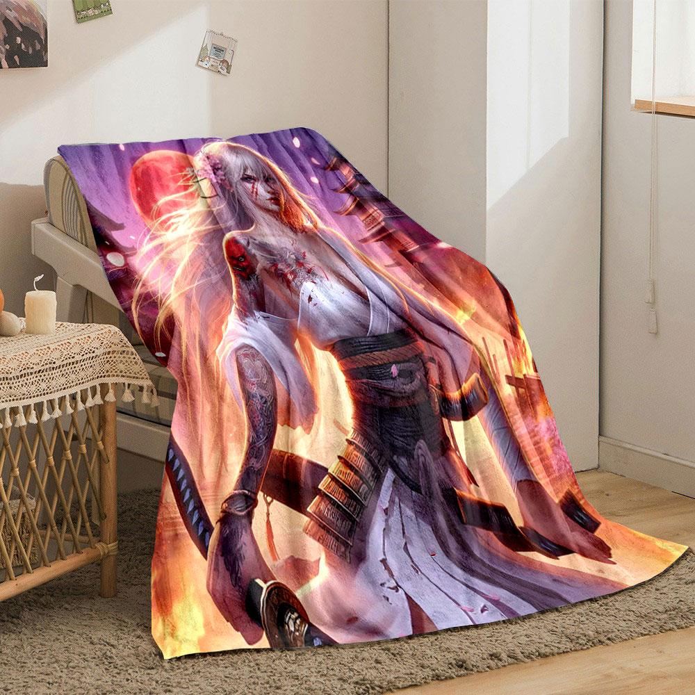 Samurai Woman Under Red Moon Print Blanket Soft and Cozy Perfect for the Living Room Bed Sofa or a Nap,gift