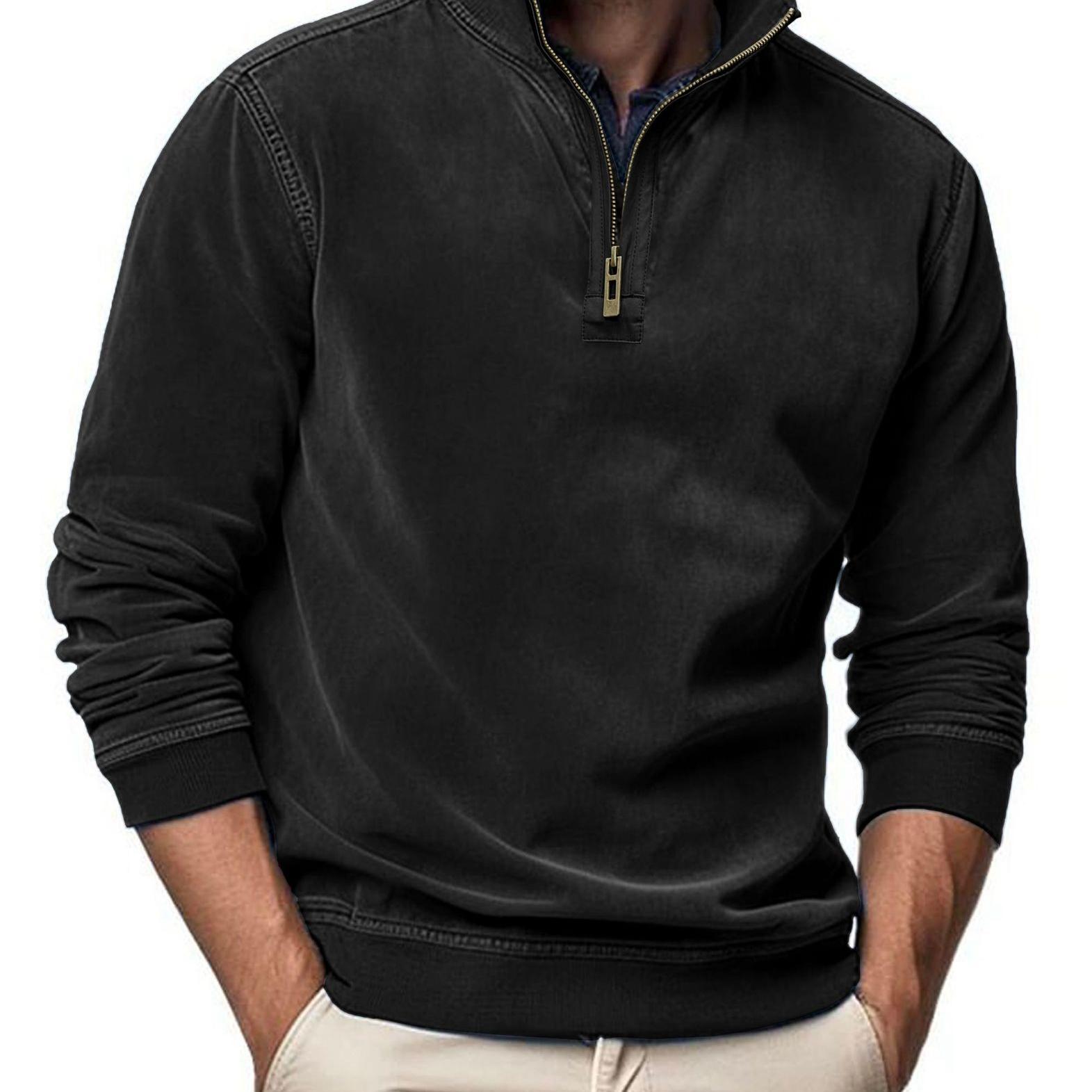 

Мужской осенне-зимний свитер на молнии со стойкой, теплый, повседневный однотонный, с длинным рукавом, базовая рубашка, уличный, приталенный спортивный пуловер, топы S чёрный