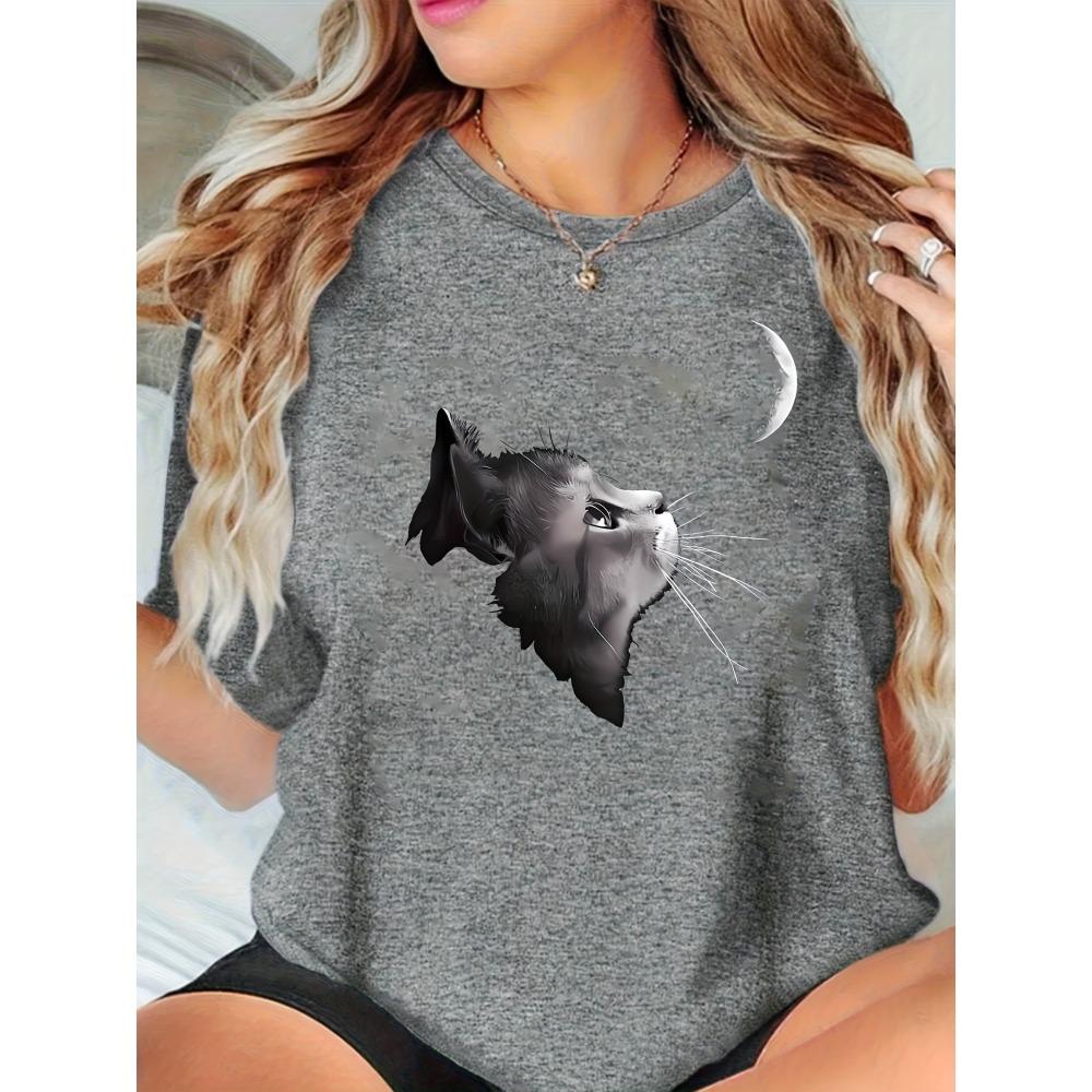 Women'S Playful Black Cat Print Short-Sleeve Round Neck T-Shirt - Sporty Casual Style, Soft And Breathable