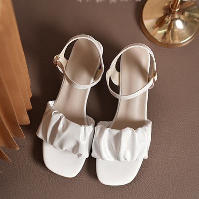 Sandali Taglia Grande Donna Estate Versione Coreana Scarpe Tacco Medio Pieghettate Spesse con Sandali Cinturino a T