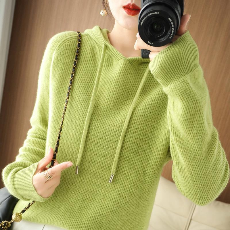 INDFS Women's Fashion Casual Fall Winter Solid Color Print Long Sleeve Hooded Sweaters