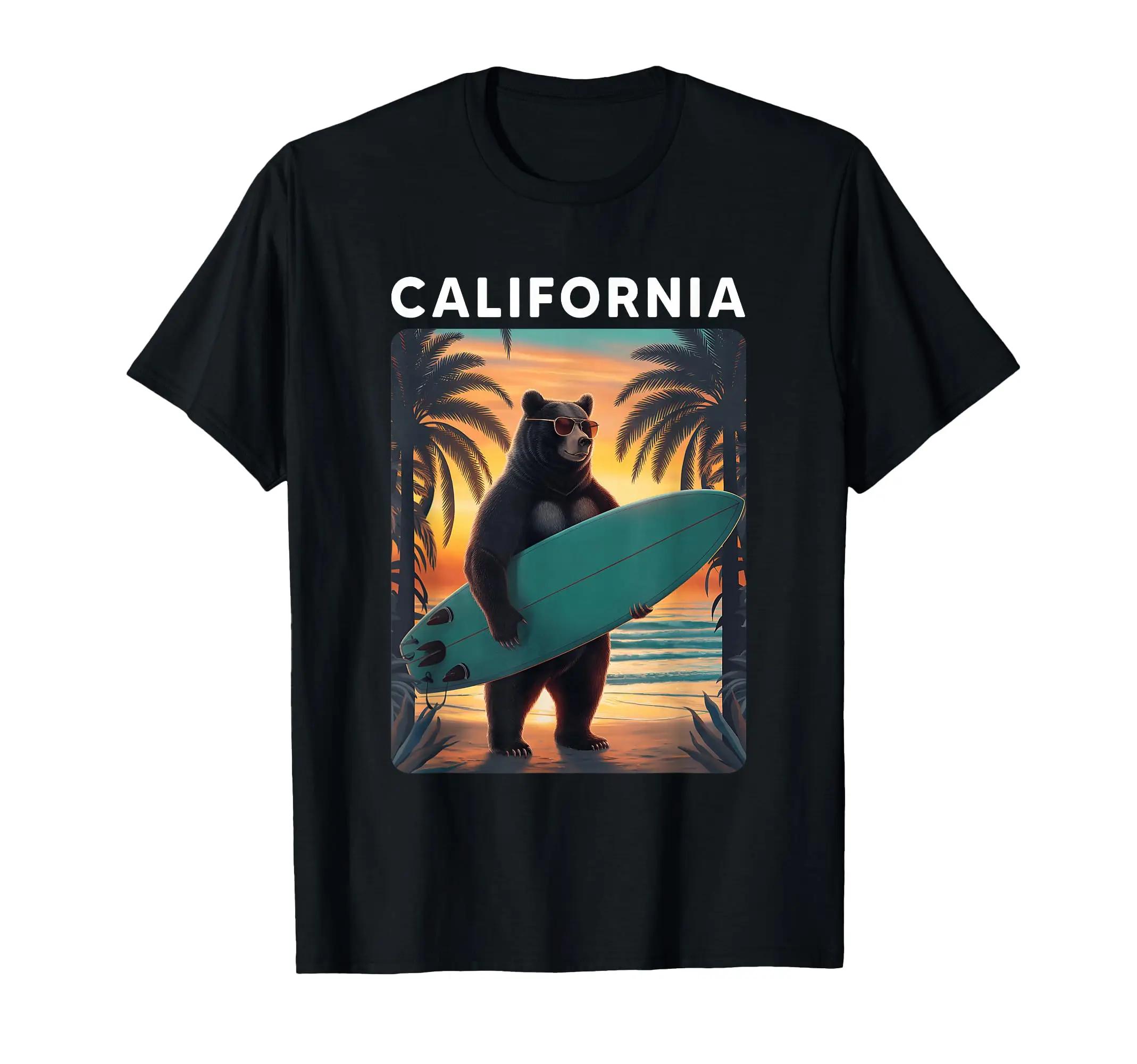 California Cool Republic Bear Surfing Beach California Retro TShirt Men Women Summer Fashion Cotton Roundneck Shortsleeved Top S