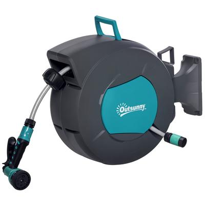 Automatische Tuinslanghaspel 180 Graden Draaibare Slang 15 + 1,4 m met Spuitmond Geïntegreerde Wandhouder Turquoise Grijs