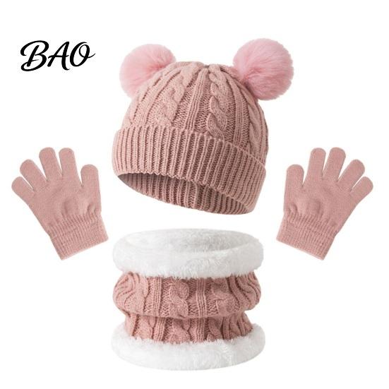 Outdoor Skiing Cold Protection Set Kids Winter Warm Knit Set, Bear Ear Hat, Fleece Lined Neck Gaiter & School Wear for Little Full Finger Gloves,