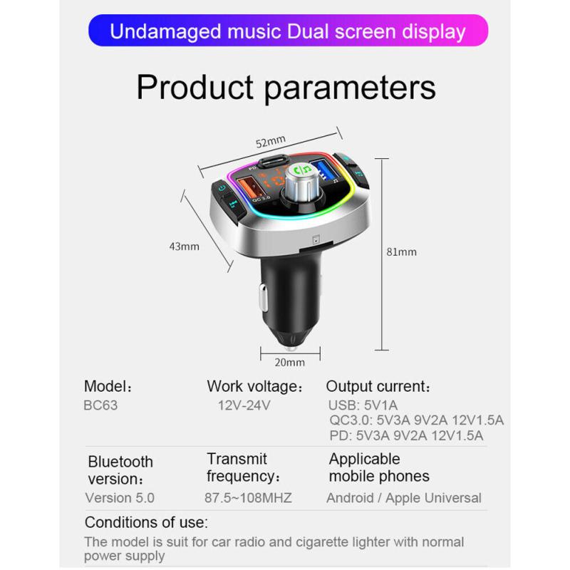 Bc63 Car Bluetooth-compatible V5.0 Mp3 Player 12v~24v Car Charger Pd Fast Charging Multifunction Fm