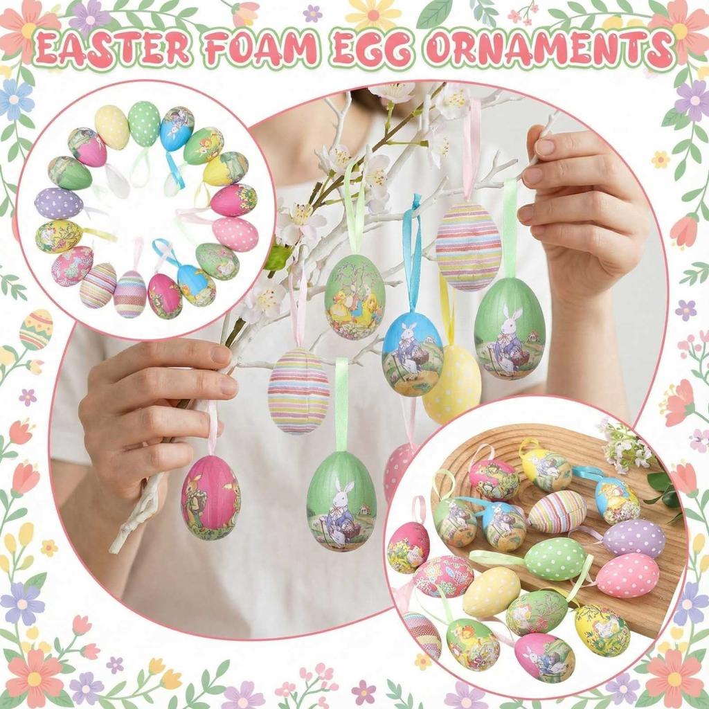 Decorative Hanging Easter Eggs Set with Printed Patterns and Ribbons for Holiday Party Home and Table Display Decor