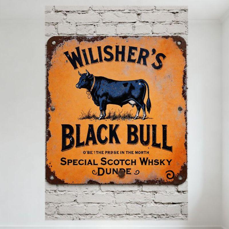 

Vintage Rusted Metal Sign Black Bull Whisky Pub Decor - WILISHER S Black Bull Special Scotch Whisky Dundee Bar Sign for Man Cave 20x30cm（7.8x11.8inch）