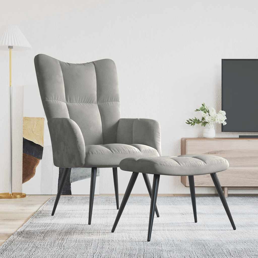 Vidaxl Armchair with Footstool, Light Gray, Upholstered In Velvet