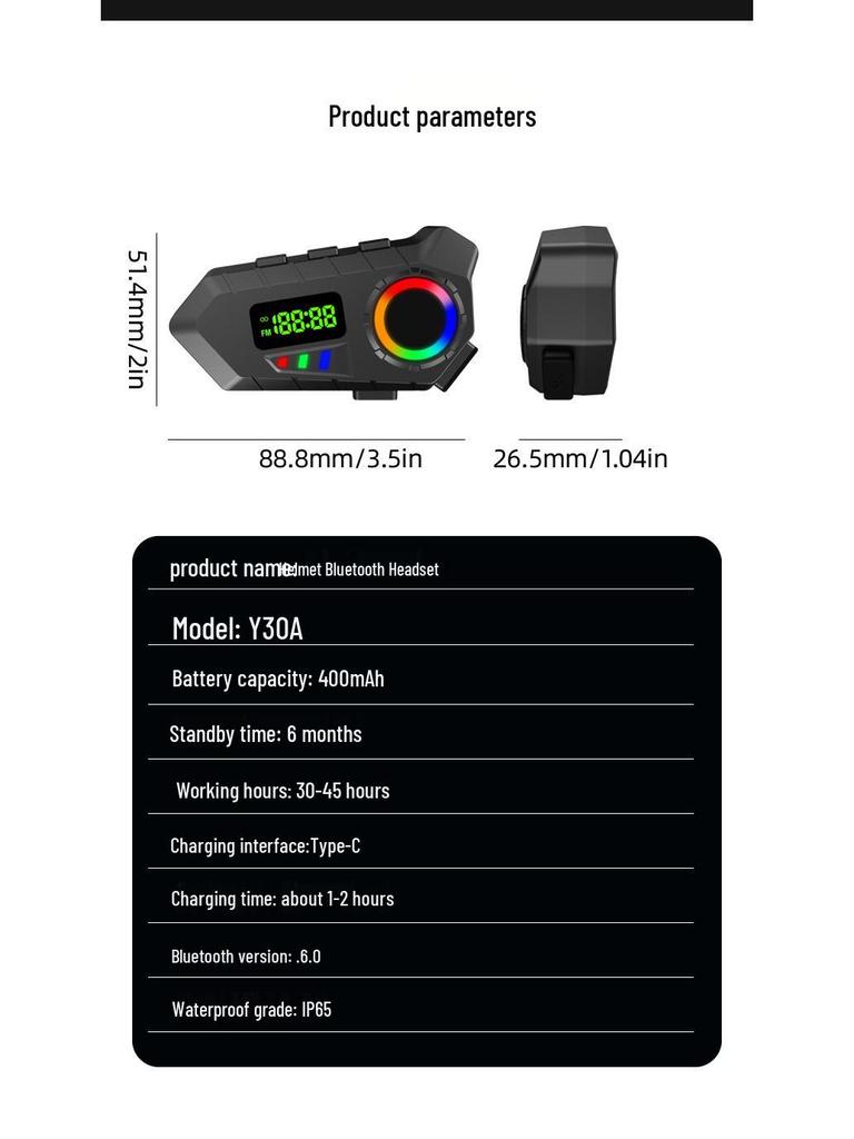 Y30A Wireless Bluetooth Helmet Earphones for Cyclists & Motorcyclists - Waterproof Intercom