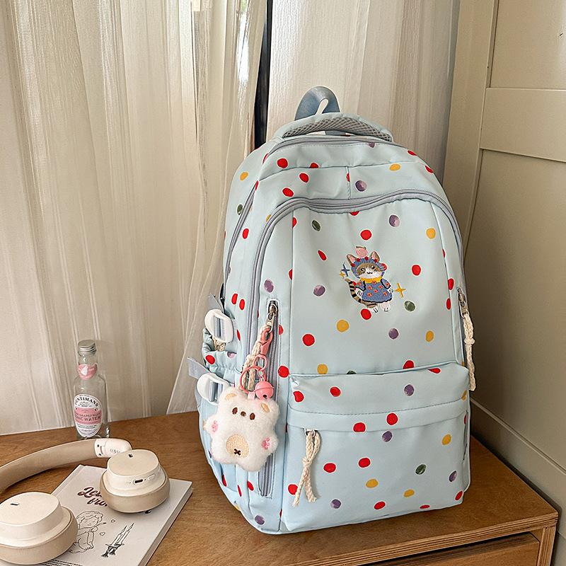 New High-value, Fresh and Sweet Polka Dot Backpack for Junior High School Students, Contrasting Colors, Lightweight and Large-capacity Backpack.