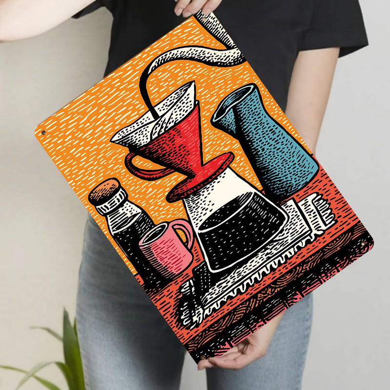

Vintage Hand Drawn Coffee Utensils Metal Wall Art Modern Kitchen Dining Room Decorative Painting Home Decor Metal Hanging 20x30cm（7.8x11.8inch）