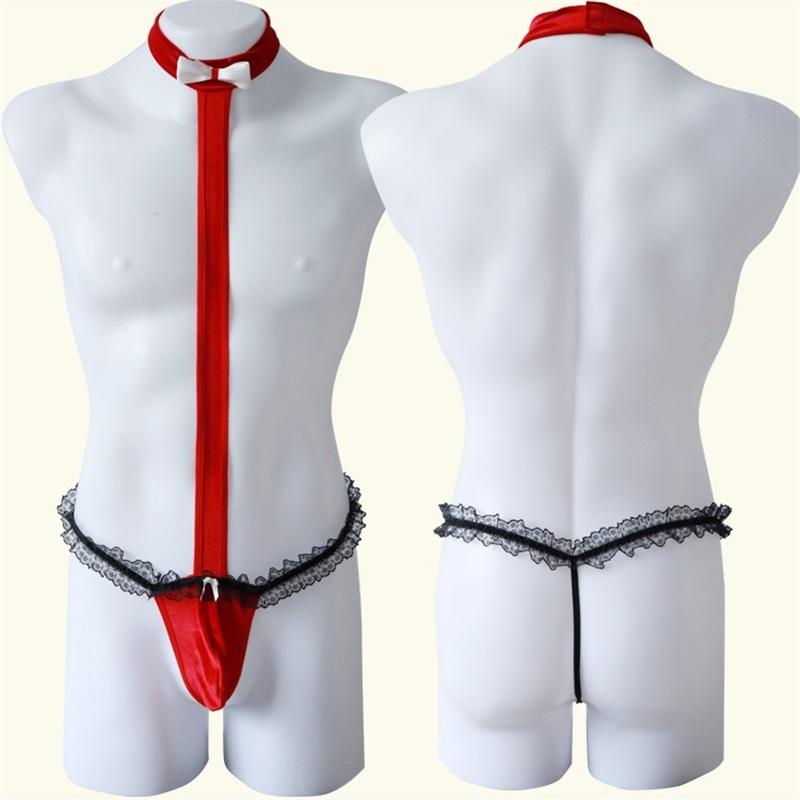 Men Sexy Thong Jumpsuit Lace Trim Bow Detail Camisole for Muscular Men Intimate Wear