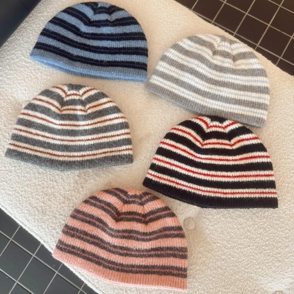 Wool Blend Ribbed Knitted Cap Thick Warm Pullover Hat Fashion Striped Beanie Hat Gift