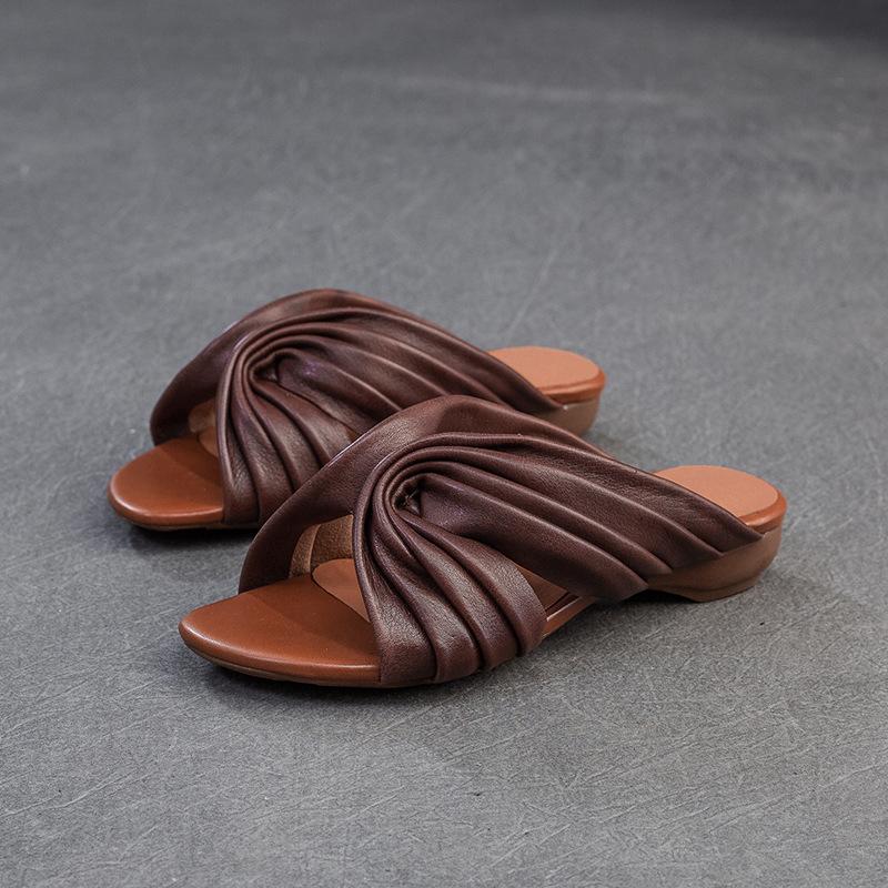Johnature Peep Toe Bohemian Style Slippers Retro Lazy Style Genuine Leather Low Heel Women's Shoes