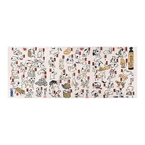 Todaya Shoten Rinen-zome Tenugui Towel - Utagawa Kuniyoshi s Neko Kaij Gojsan-biki (Cats and Their Favorite Fifty-three Stations) - Approx.