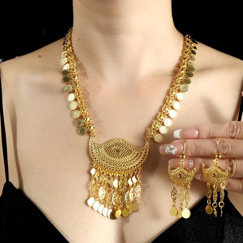 Trendy Alloy Gold Jewelry Collection With Hollow Coin Necklace And Earrings For Wear Casual