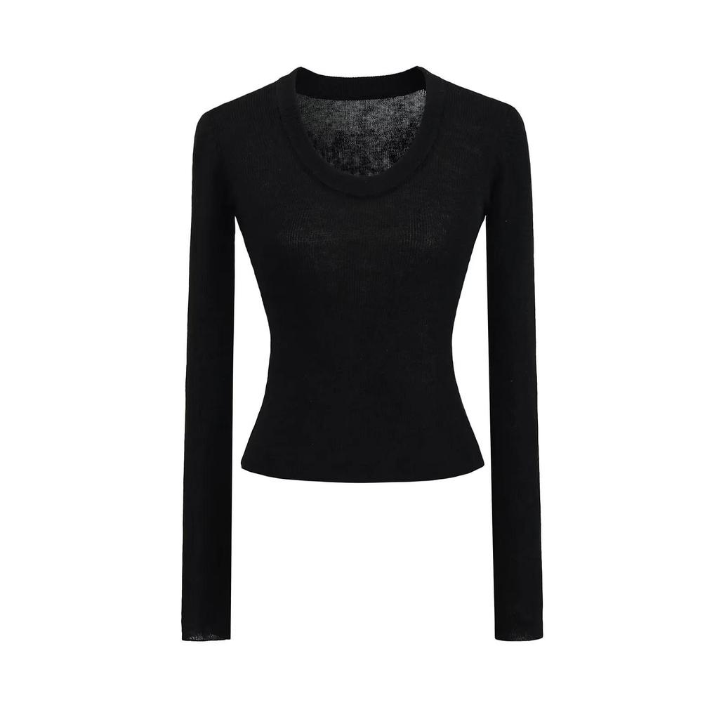 2025 Spring U-Neck Wool Knitwear: Sheer, Slim Fit, Long Sleeve Top