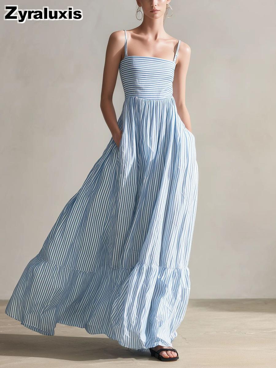 New Women s Casual Striped Ribbed Sleeveless Spaghetti Strap Maxi Dress S синий