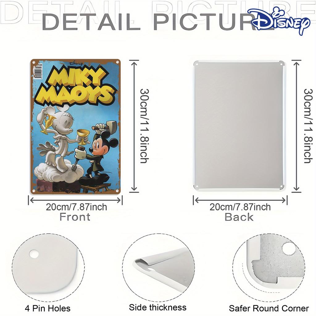 1pc Disney Vintage Metal Tin Sign 20.32x30.48 Cm - Mickey & Minnie Mouse Retro Wall Art, Durable Iron Home Decor for Kitchen, Li
