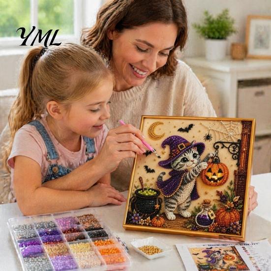 DIY Decorative Wall Hanging Halloween Cat Faux Pearl Painting Art Kit, Spooky 3D Beads Crafting Kits for Beginners Crafts, Cute Witch Gem Adults,